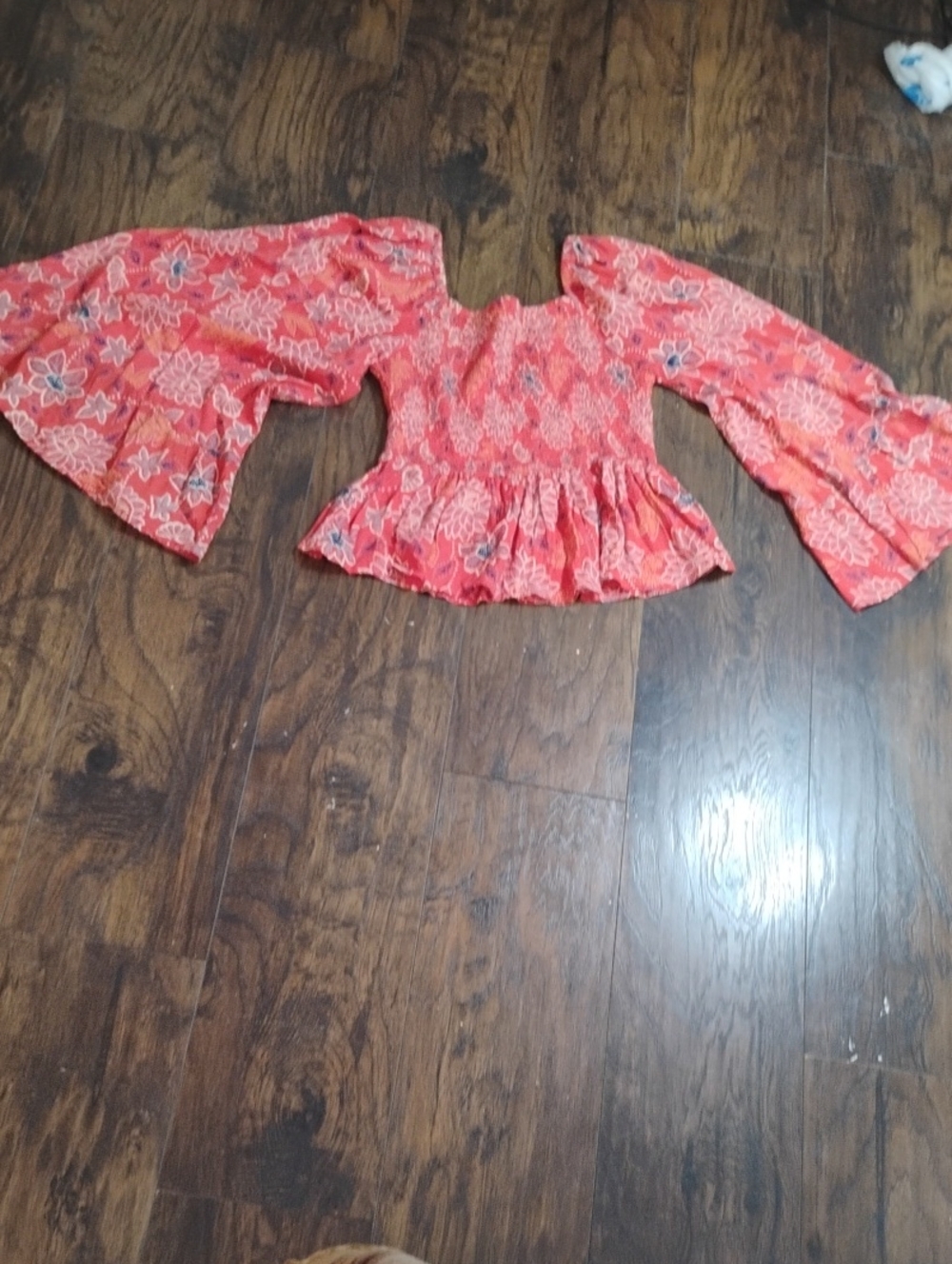 Angie Coral Red Floral Smocked Rayon Top